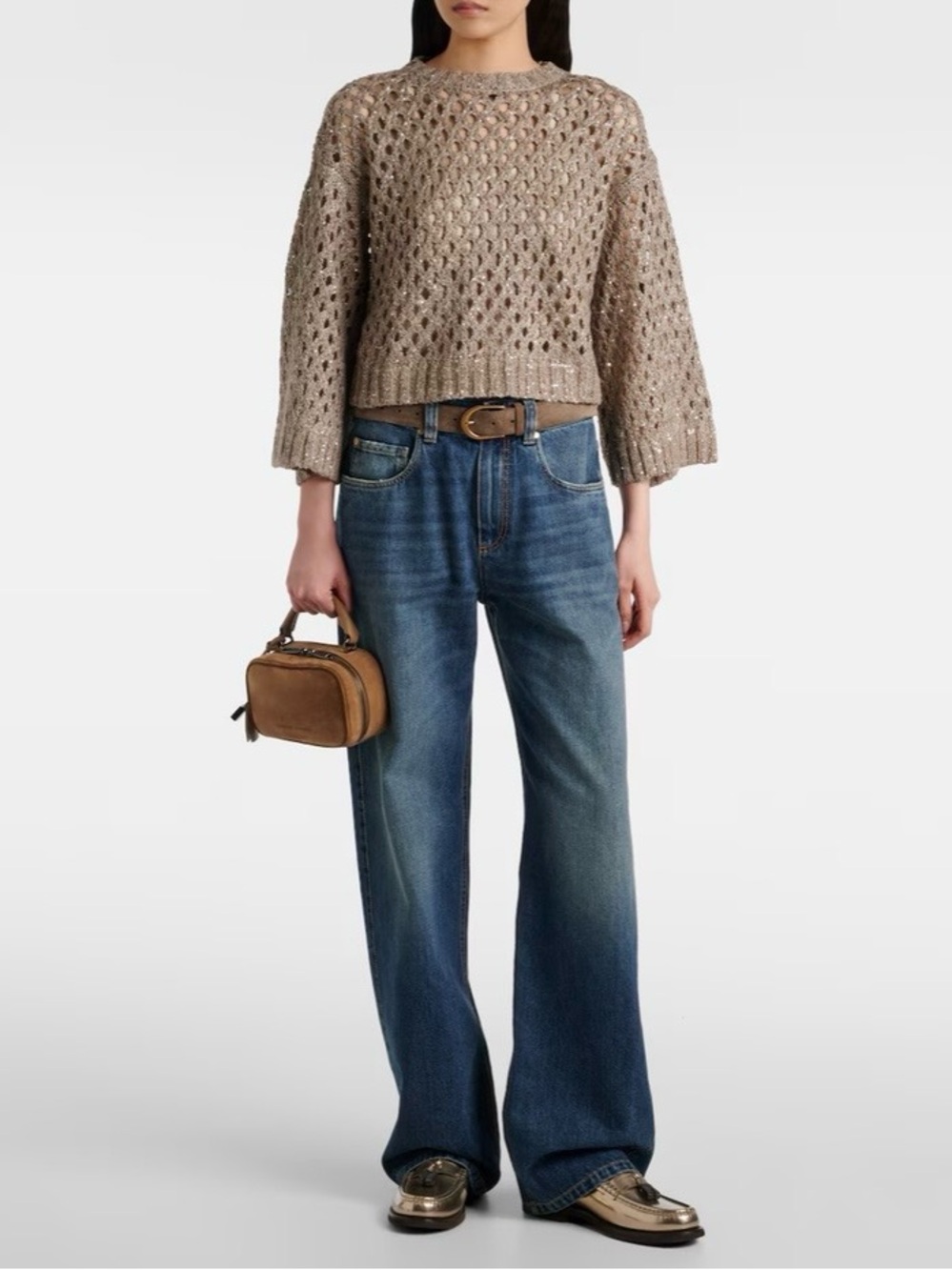 BRUNELLO CUCINELLI BEIGE OPEN KNIT BELL SLEEVE SEQUINED PULLOVER SWEATER XS